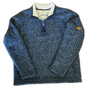 ORVIS Men's Quarter Zip Sherpa Lined Pullover Sweater Blue MEDIUM Men